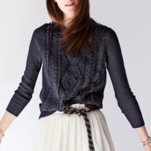 J. Crew Fisherman Cable Knit Navy Blue Fringe 100% Merino Wool Sweater Small